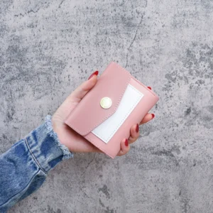 New small fresh wallet for women short Korean style fashion student three-fold splicing contrast color buckle coin wallet card bag